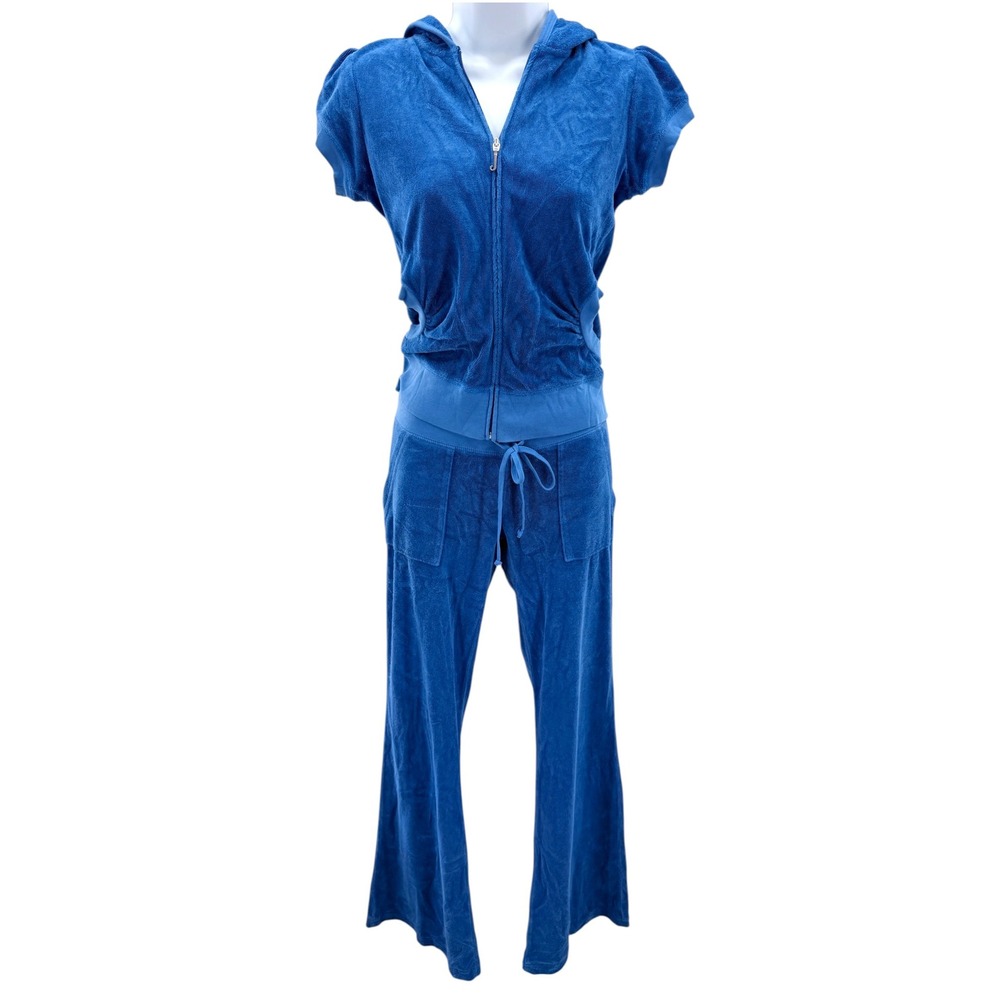 Vintage Juicy Couture Terry Cloth Tracksuit Set S Royal Blue Puff Sleeve Flare